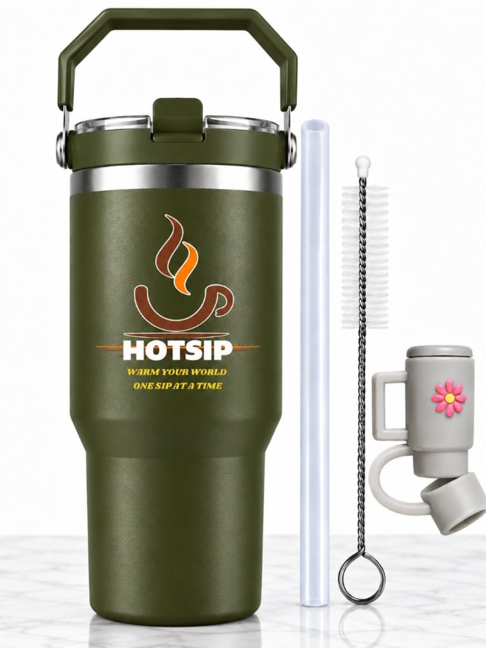 30oz Insulated Tumbler with Handle, Flip Straw Lid & Accessories